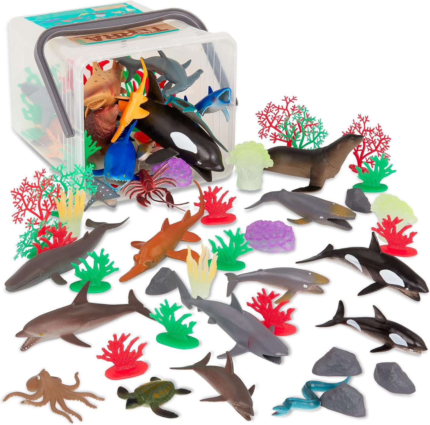 Terra by Battat – 60 Pieces Marine World Realistic Ocean Animal Toy Set – Plastic Sea Animal Figurines & Accessories – Includes Shark, Whale, Dolphin & More for Kids & Toddlers 3+ Years