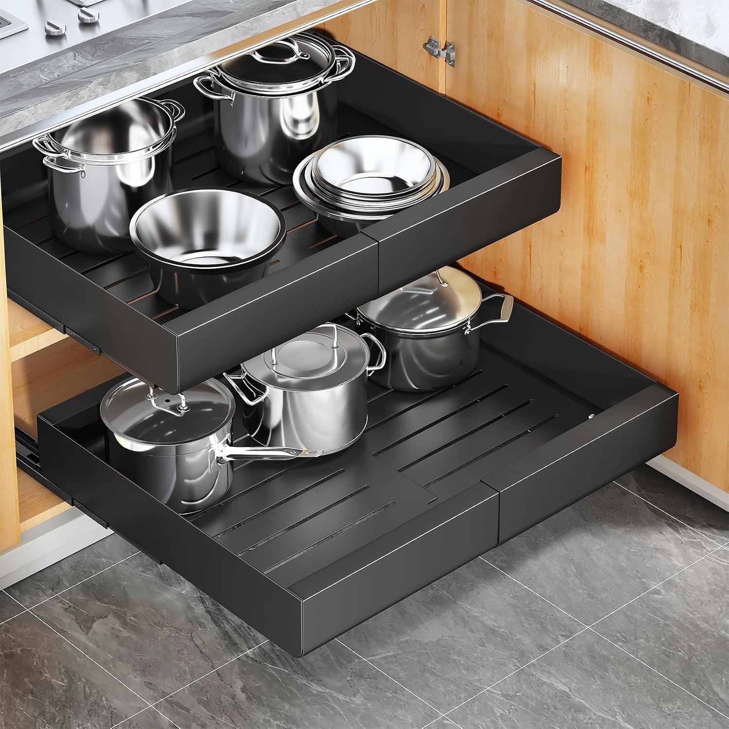 Kitstorack Pull Out Cabinet Organiser, Extendable Slide Out Drawer Storage Shelves for Kitchen Cupboard with Adhesive Film, Sliding Drawer Organiser Shelf, (43 Depth x 30-50 Width x 5.8 Height CM)