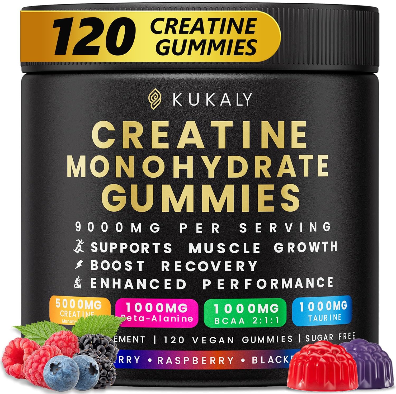 Creatine Monohydrate Gummies for Men & Women, 9000MG Creatine Gummies Sugar Free - Mixed Flavored with L-Taurine, BCAA 2:1, B12 B6 for Boost Strength, Focus & Endurance, Vegan, Non-GMO, 120pcs