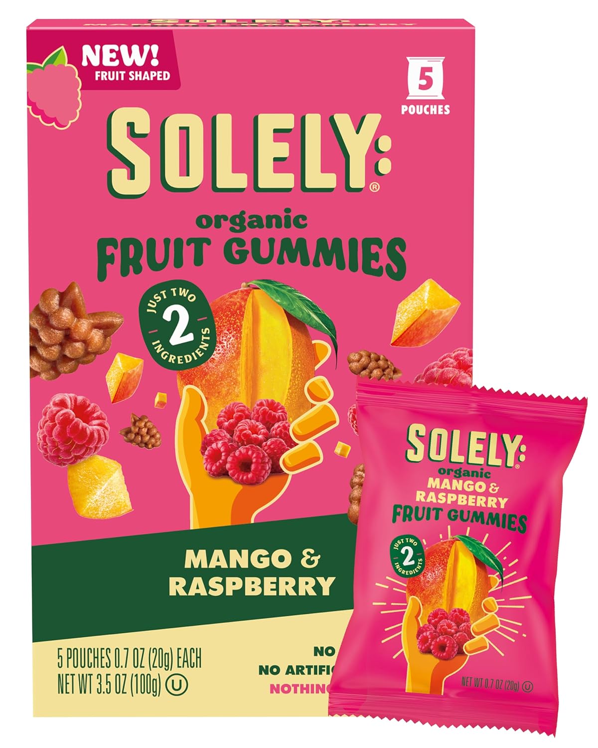 SOLELY - Organic Mango & Raspberry Whole Fruit Gummies (5 Bags per Box) - Real Fresh Fruit - Healthy Snacks for Adults & Kids - Non GMO, Vegan Snacks, Shelf Stable - 1 Box (3.5 oz)