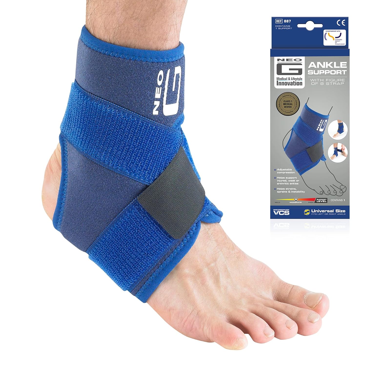 Neo-G Ankle Brace with Figure of 8 Strap – Neoprene Ankle Brace for Ligament Damage, Arthritis, for Sprained Ankle, Weak Ankles – Class 1 Medical Device - One Size