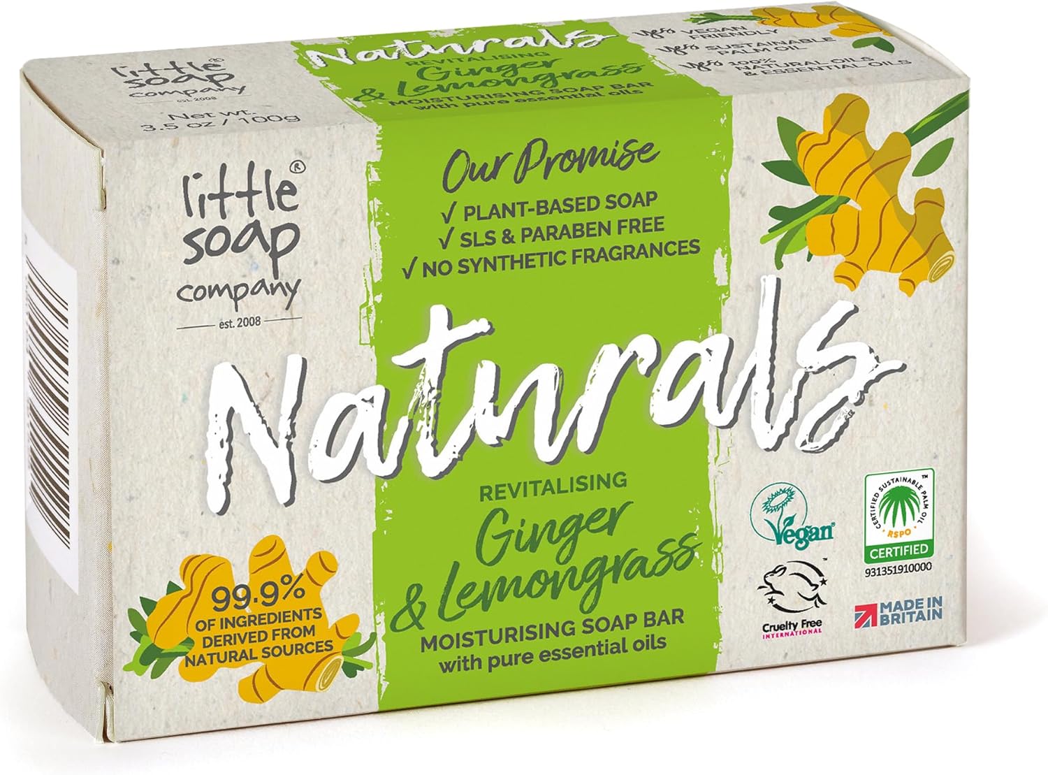 Little Soap Company Natural Range - Ginger & Lemongrass Bar Soap (100g) | Vegan, Cruelty Free & Eco Friendly, Hand, Face & Body Soap | No SLS and Parabens | Antibacterial with Cleansing Essential Oils