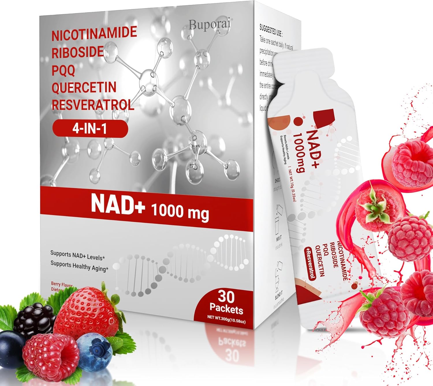 NAD Supplement 1000 mg Liquid Packets - NAD Supplements for Women & Men with Nicotinamide Riboside, Resveratrol, PQQ, Quercetin - NMNH Supplement Alternative for Anti-Aging, Energy-30 Packets