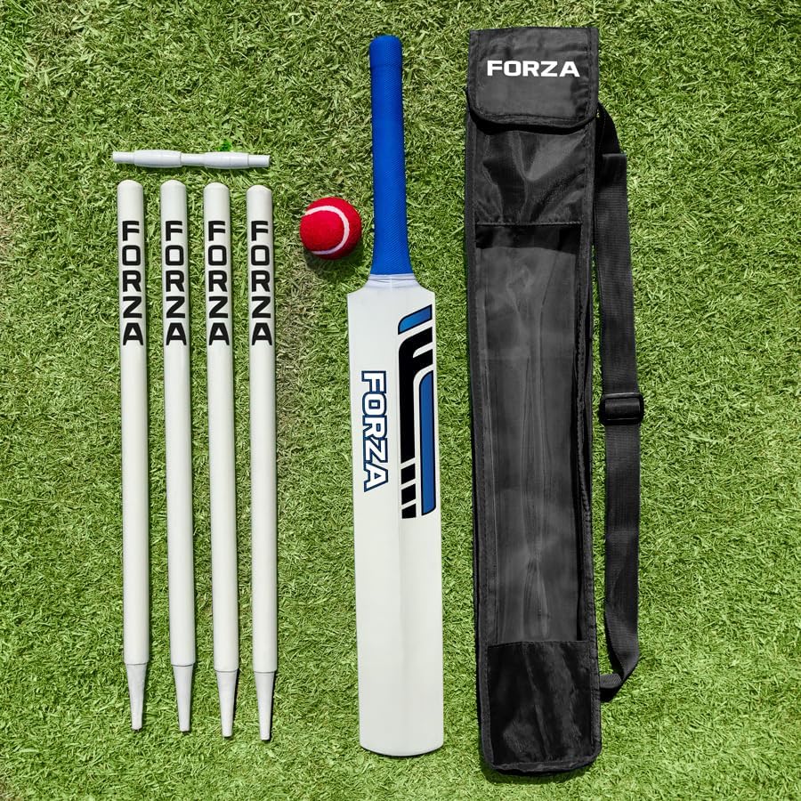 FORZA Wooden Cricket Set – Kashmir Willow Cricket Bat & Tennis Ball, Complete Junior Garden Cricket Kit with Stumps, Bails & Heavy-Duty Carry Bag, Outdoor Family Cricket Game for Kids