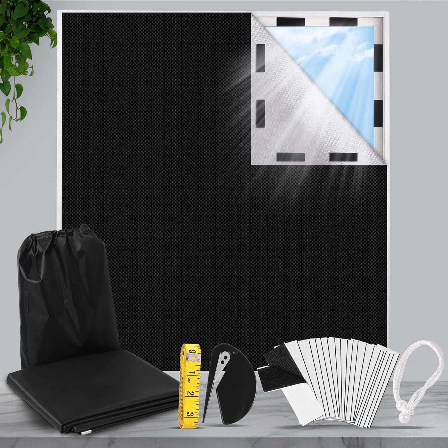 HuiCloud 100% Blackout Blind,200 x 145 CM Stick on Blackout Blinds for Windows,No Drill Portable Temporary Fits Any Size Blackout Blinds with 20PCS Hook and Loop Tapes for Bedroom Loft Car Travel