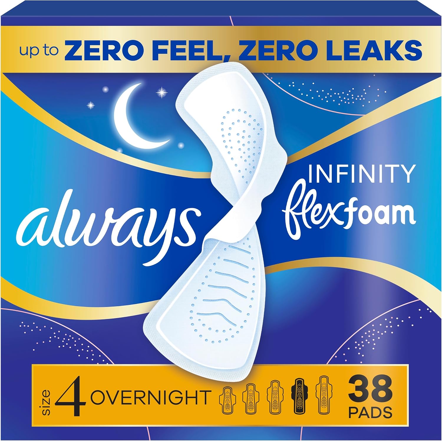 Always Infinity FlexFoam Pads for Women, Size 4, Overnight Pad with Wings, Unscented, Up To Zero Feel, Zero Leaks, 38 Count