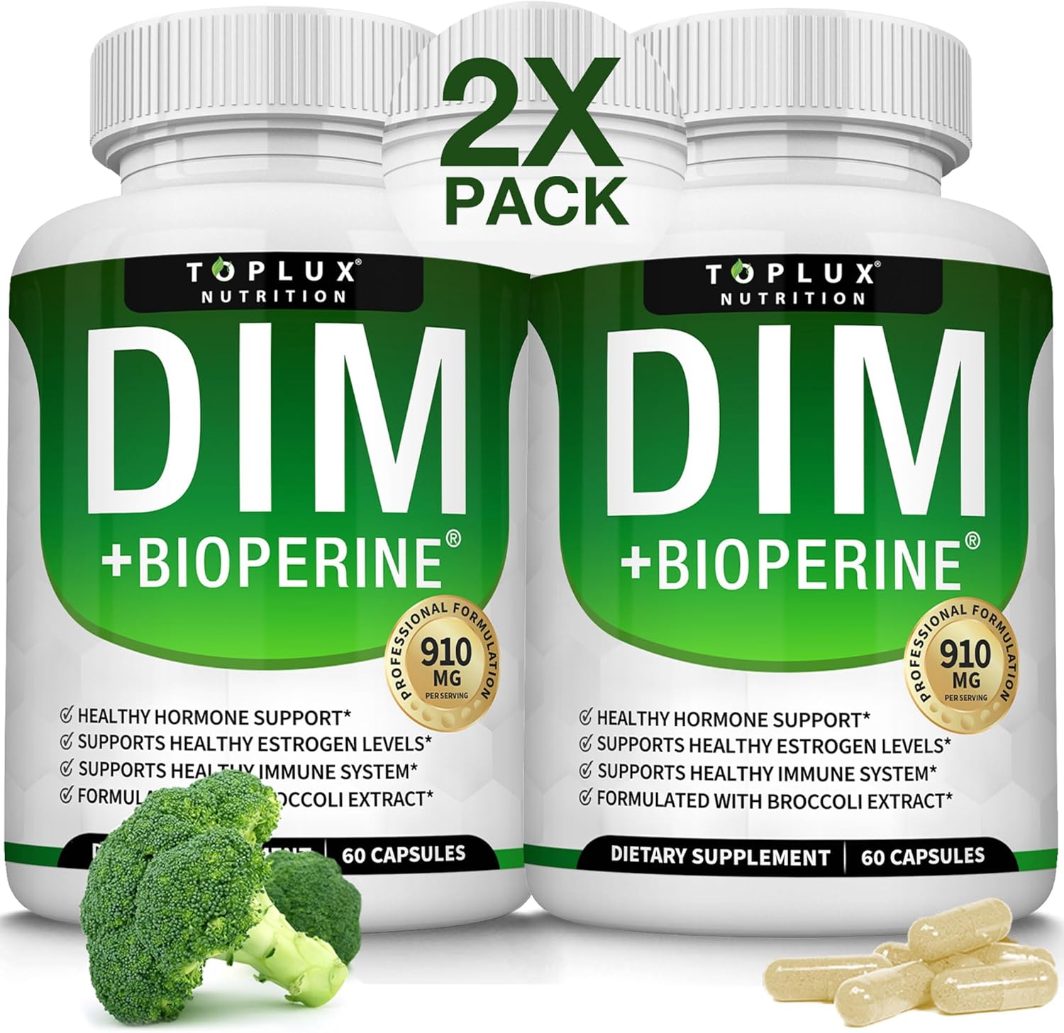 Dim Supplement 910 mg Plus BioPerine Complex - Diindolylmethane to Support Hormone Balance and Estrogen Metabolism, Helps with Menopause Acne PCOS Better Skin Bodybuilding, for Men Women, 60 Capsules