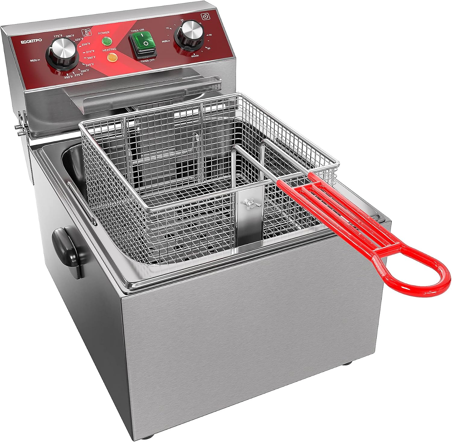 EGGKITPO Electric Deep fryer Single Tank Deep Fryer with Basket Capacity 10L(10.5QT) Electric Countertop Fryers with 60 Minute Timer for Home Kitchen and Restaurant, 1800 Watts, 120V