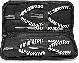 The Beadsmith Zebra Print Pliers – 5 Inch Tools, 6 Piece Kit: Chain Nose, Round Nose, Bent Chain Nose, Side Cutter, Tweezers & Reamer with Zippered Pouch – Tools Set for Jewelry Making