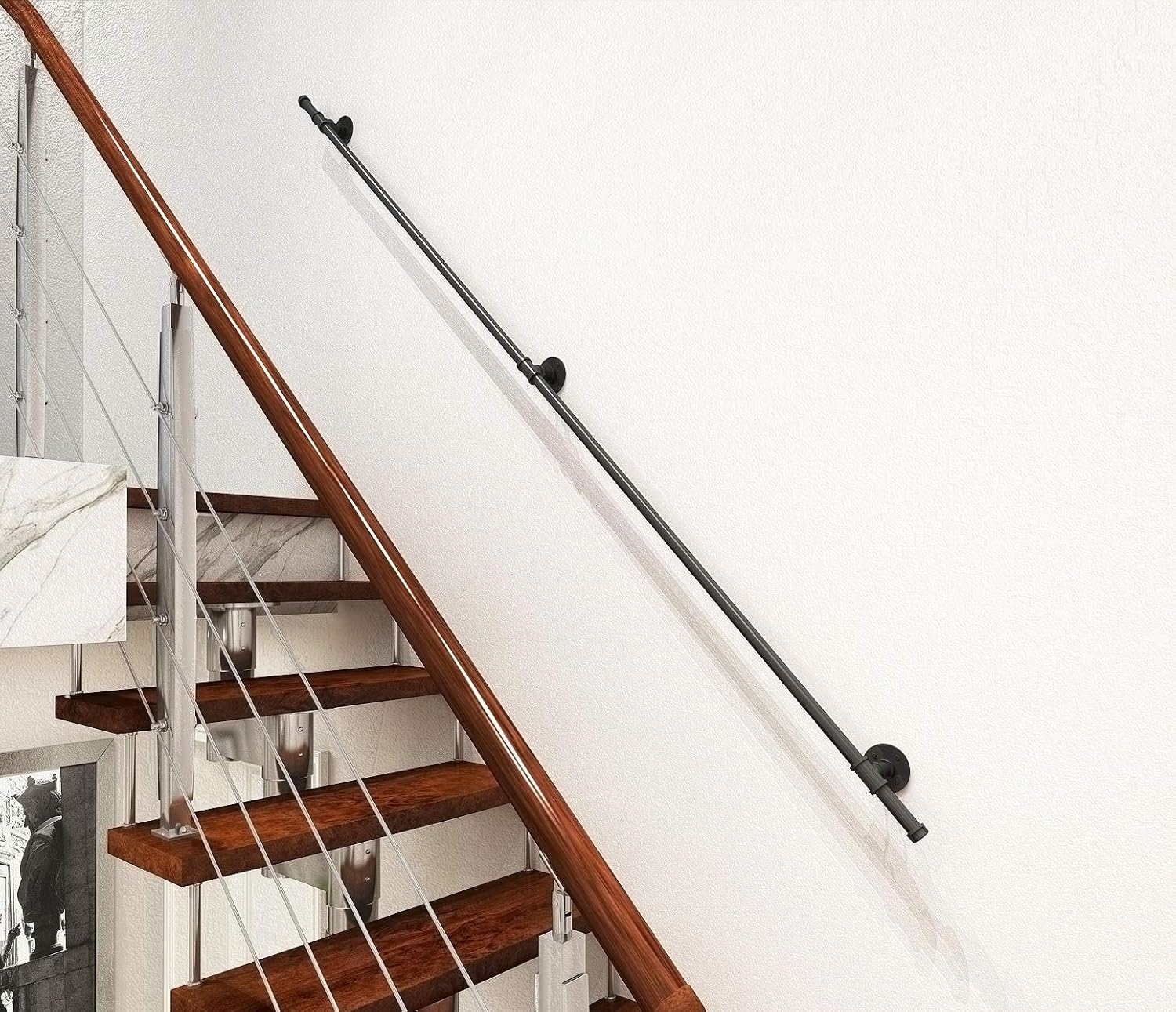 DIYHD 8FT 3 Wall Support Industrial Black Iron Loft Pipe Handrail for Stairs,Rustic Black,Straight Style