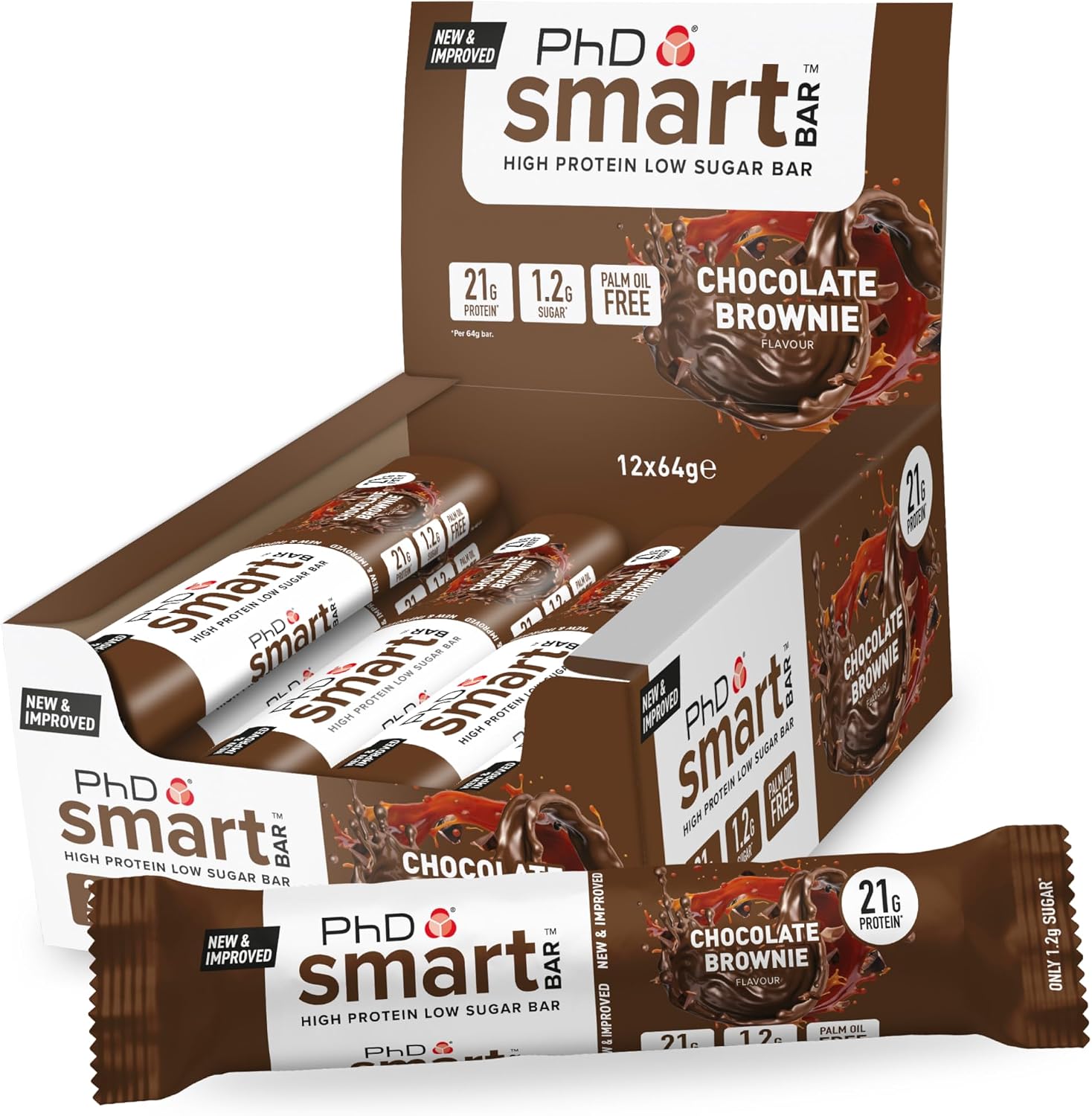PhD Nutrition Smart Protein Bar Low Calorie, Nutritional Protein Bars/Protein Snacks, High Protein Low Sugar, Chocolate Brownie Flavour, 20g of Protein, 64g Bar (12 Pack)