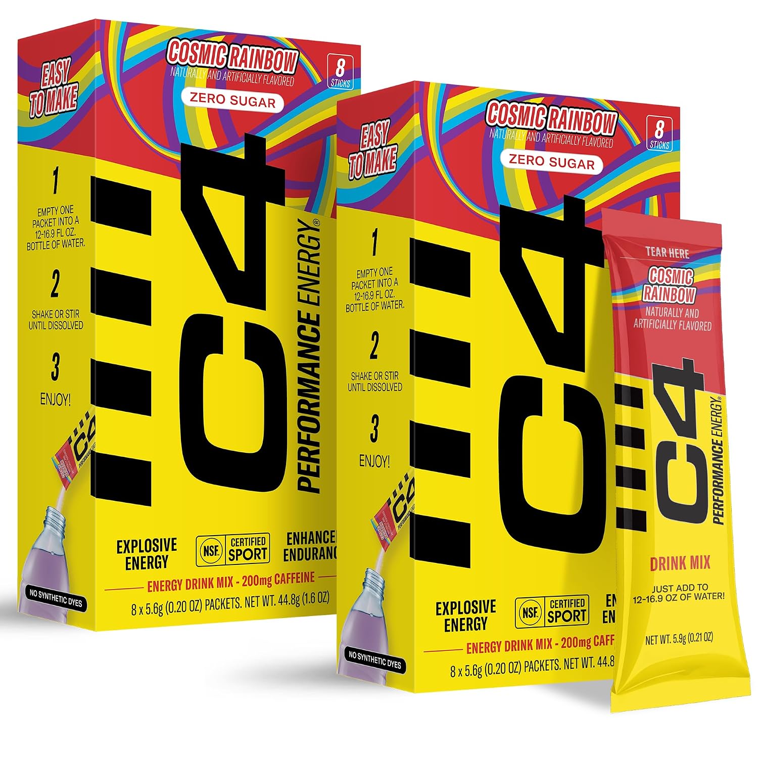 C4 Performance Energy, Cosmic Rainbow, 200mg Caffeine, Zero Sugar, NSF (2 Boxes, 16 Sticks)