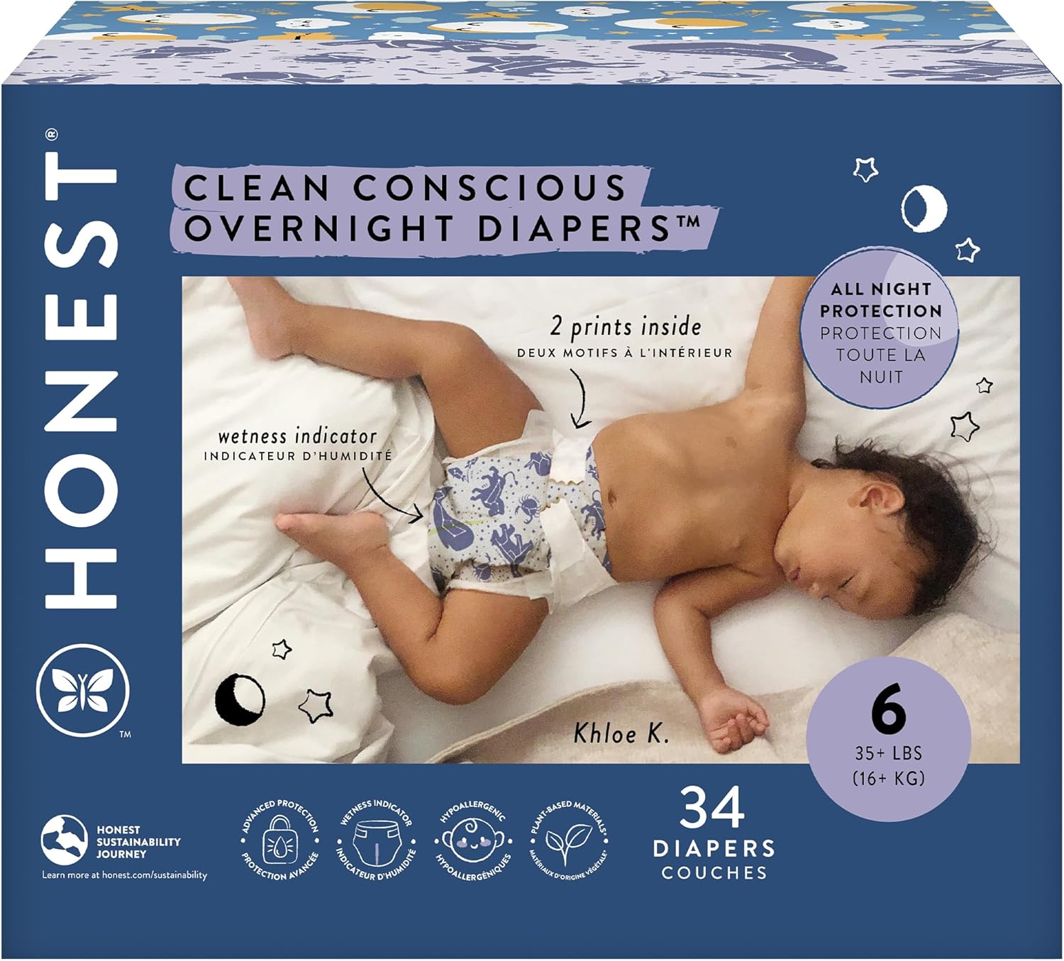 The Honest Company Clean Conscious Overnight Diapers | Plant-Based, Sustainable | Cozy Cloud + Star Signs | Club Box, Size 6 (35+ lbs), 34 Count