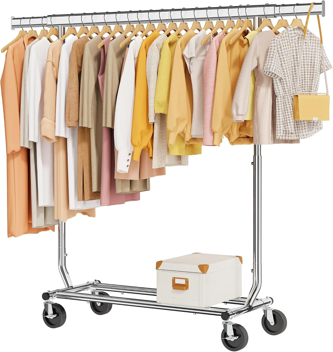 Tajsoon Clothes Rack Heavy Duty Clothing Rack Load 350 LBS, Rolling Garment Rack with Wheels and Extendable Rod, Collapsible Clothing Rack for Hanging Clothes with Bottom Shelf, Chrome