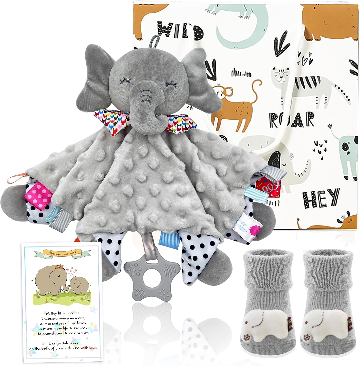 Personalized Unisex Baby Essentials Gift Set - Soft Comforter Blankets, Unique Elephant Socks, Baby Shower Present - Ideal for Newborns and Expectant Mothers