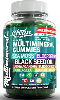 Sea Moss Black Seed Oil Gummies with Ashwagandha, Elderberry, Burdock Root, Chlorella, Manuka Honey - Vegan Gummy Vitamins for Adults Kids Men Women - Multimineral Green Apple Flavor by Clean Nutra