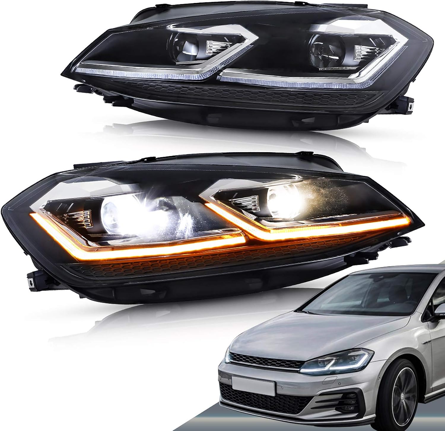 VLAND RHD Headlights compatible with Golf MK7.5 TSI TDI Variant halogen 2017-2020 [not fit GTI/GTD/Rline/MK7], silver stripe/not include bulbs