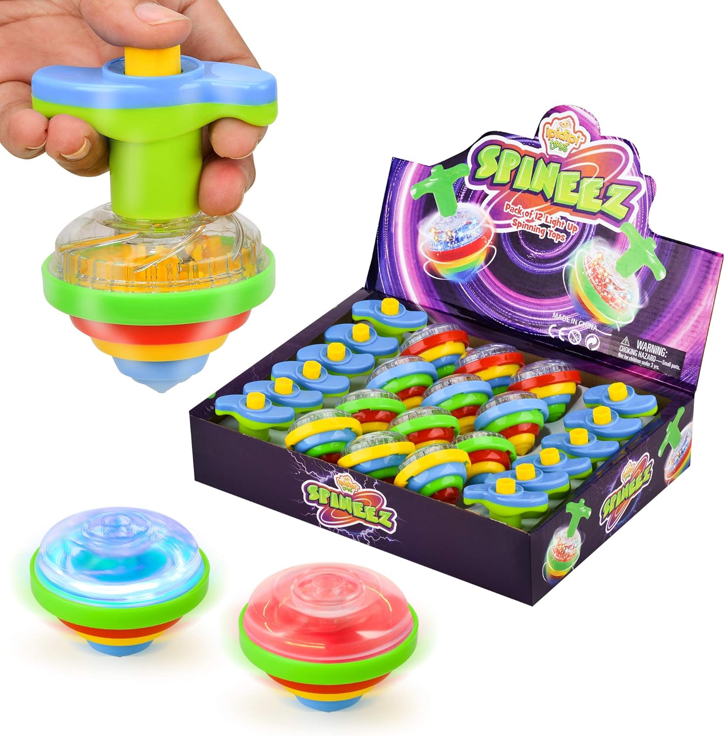 IPIDIPI TOYS Spineez Light Up Spinning Tops – 12-Pack LED Spinner Toys for Kids – Ideal Birthday Party Favors, Goodie Bag Stuffers, School Prizes, Classroom Rewards for Boys & Girls – Blue