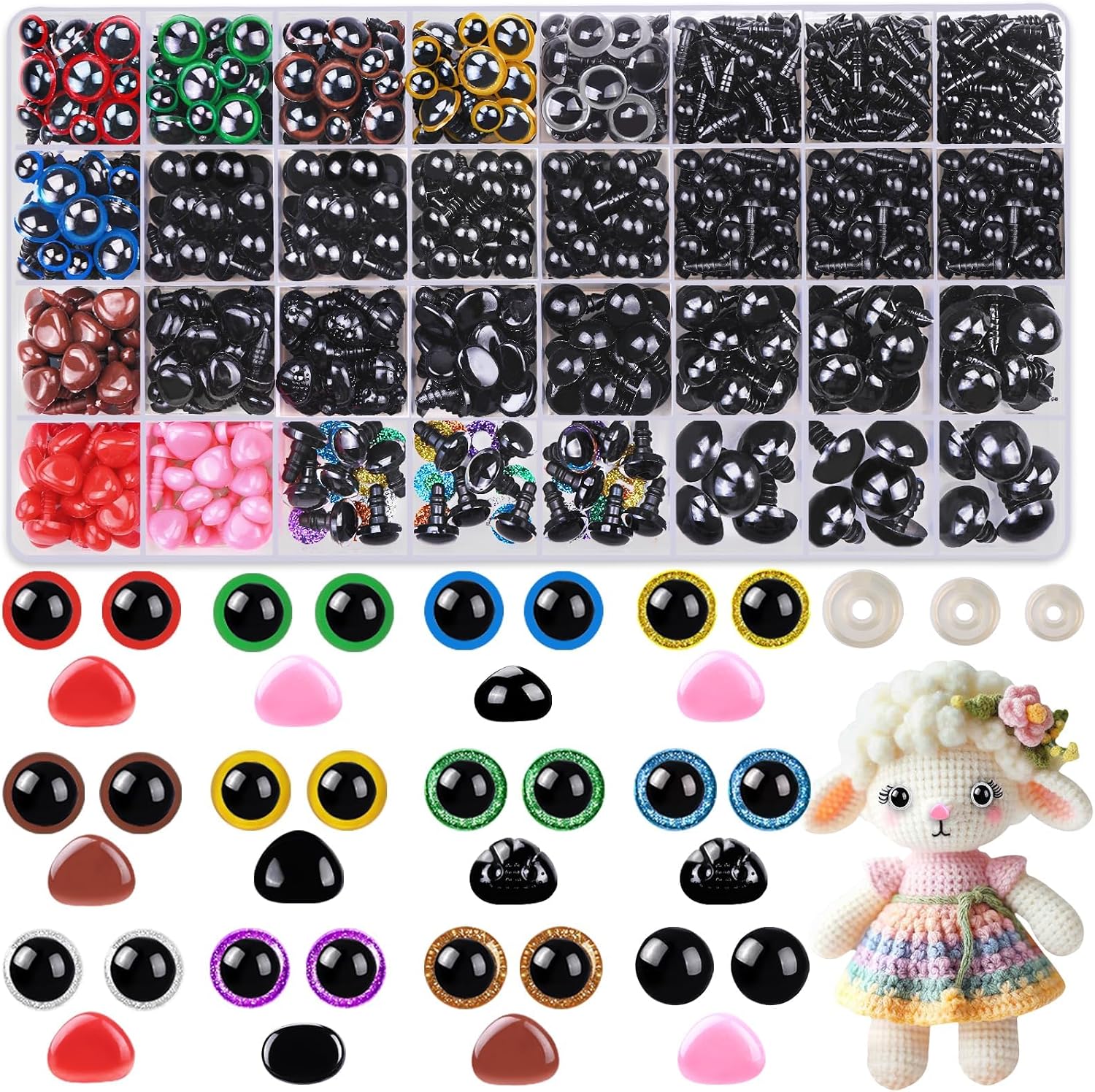 DTYDECLE 1148pcs Safety Eyes Toy, Plastic Colorful Glitter Safety Craft Doll Eyes Noses with Washers for Crochet Stuffed Animals Teddy Bear Soft Toy Craft Making DIY Crafts