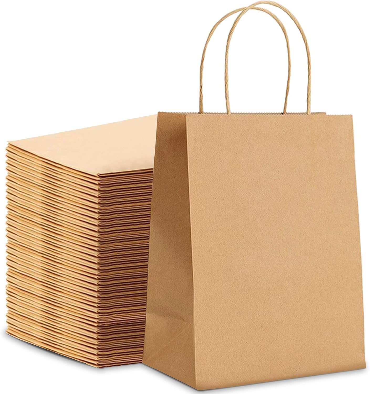 HURUC 50 Pcs Brown Paper Bags With Handles,130GSM, Small Paper Gift Bags, Eco-Friendly Kraft Shopping, Christmas, Easter, Birthday Parties & Merchandise Retail 18x24x8cm