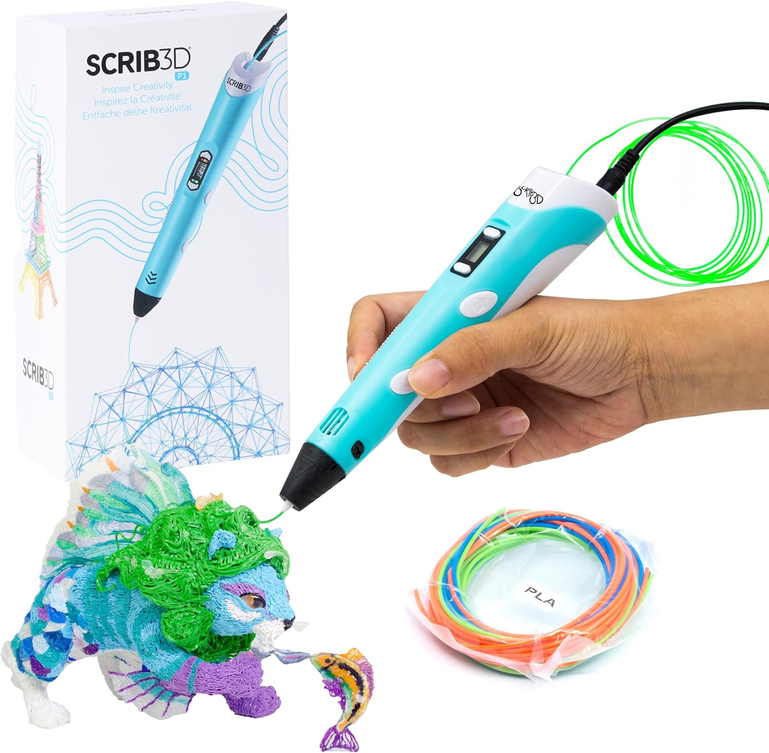 SCRIB3D P1 3D Printing Pen with Display - Includes 3D Pen, 3 Starter Colors of PLA Filament, Stencil Book + Project Guide, and Charger