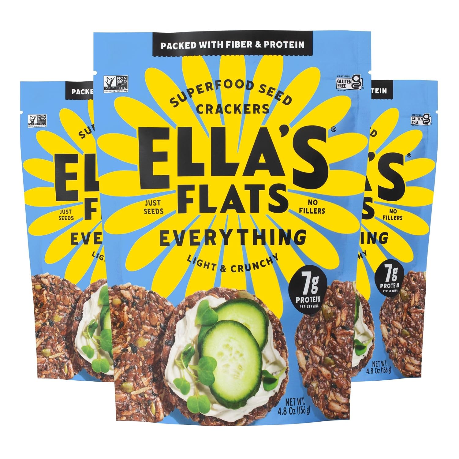 ELLA’S FLATS® Everything All Seed Savory Crisps – All Natural, Gluten Free, Good Source of Protein, High Fiber, Vegan and Keto Friendly (3 Pack)