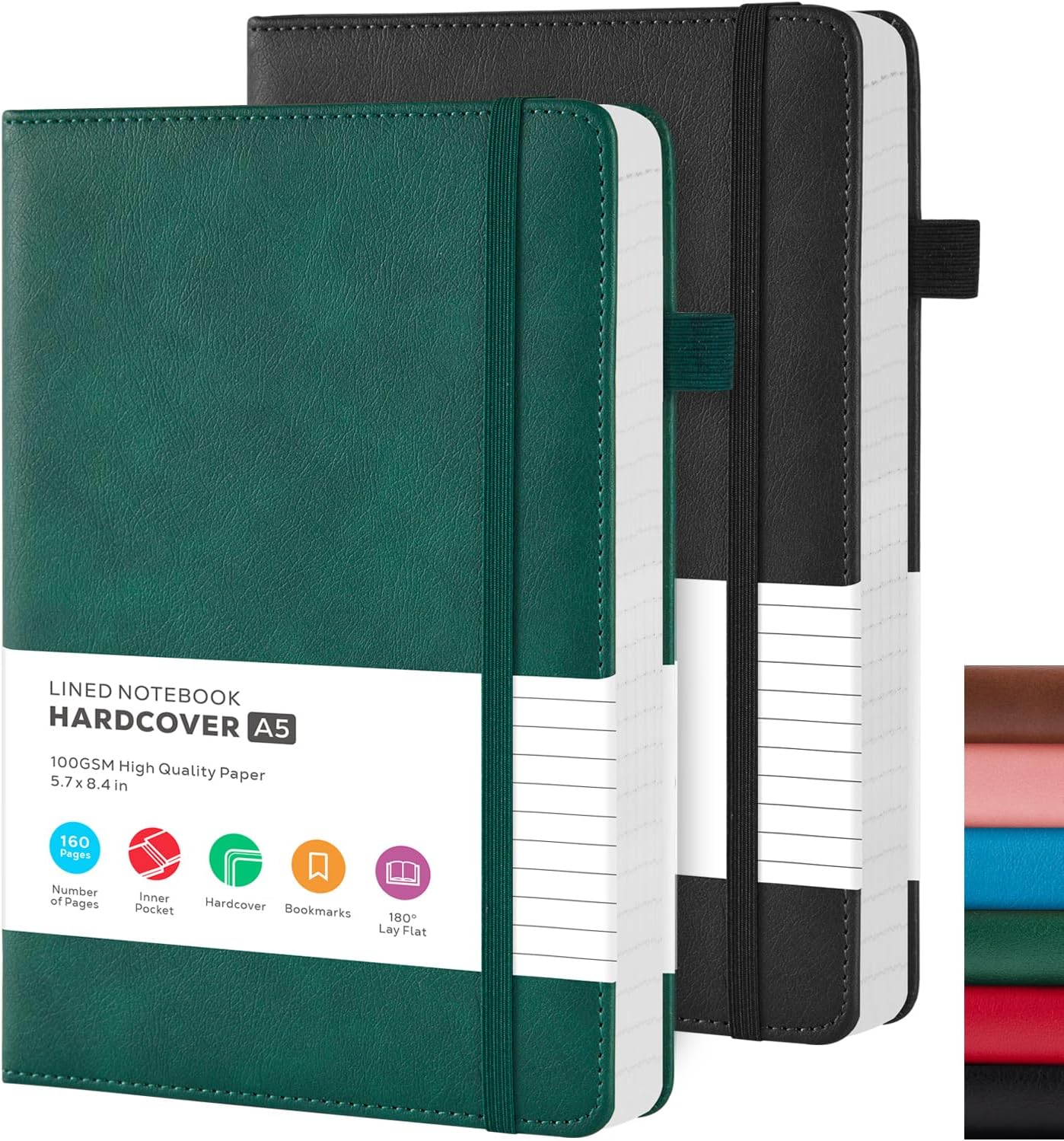 FOCUS DAY 2 Pack A5 Journal Notebook, Leather Notebook Journal for men/women, Hardback Note Book with 100GSM Lined Paper, No Bleed, for Office School Supplies, 14.5 x 21.3 cm, Green & Black