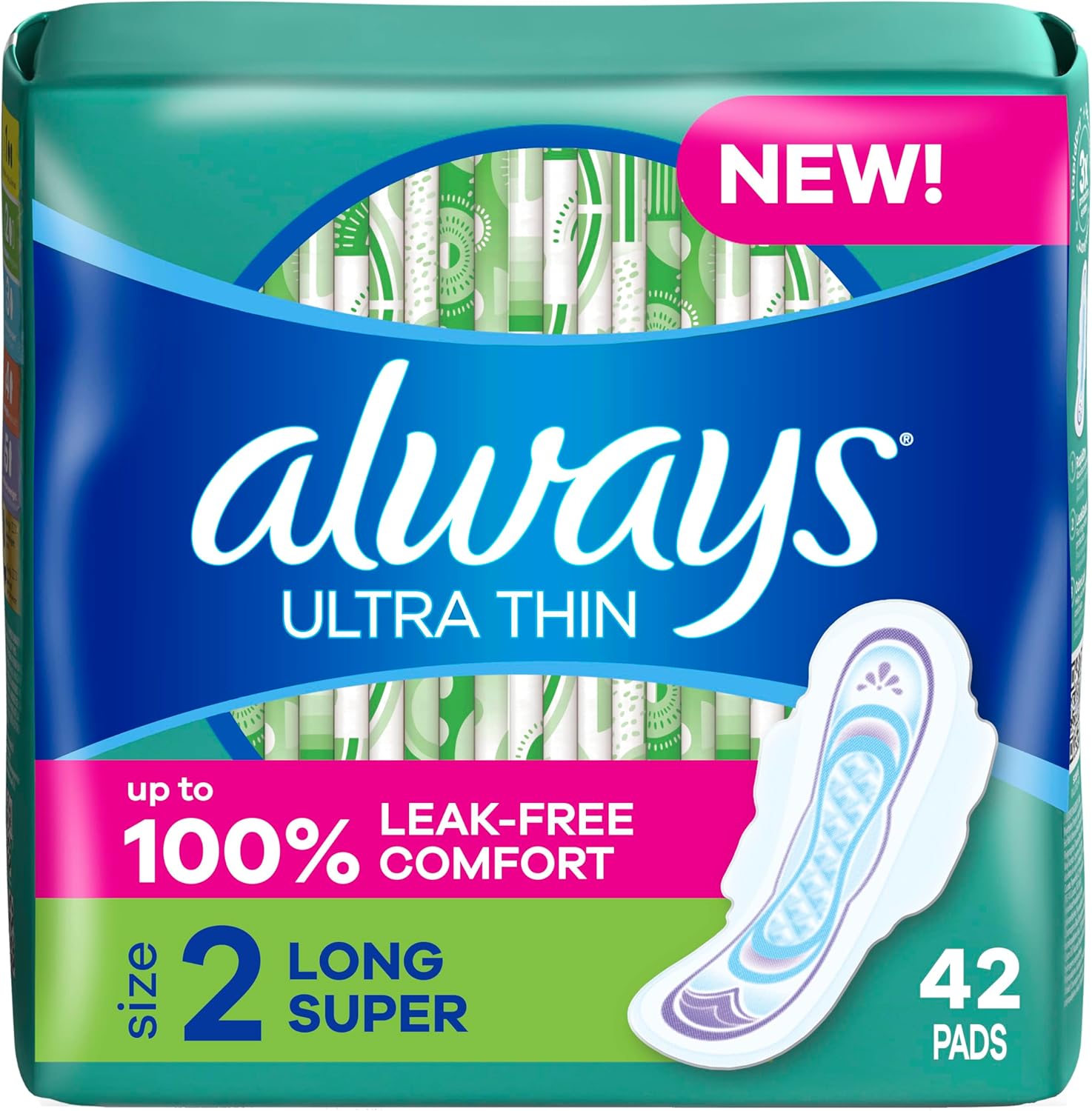 Always Ultra Thin, Feminine Pads for Women, Size 2 Long Super Absorbency, with Wings, Unscented, (Pack of 42)