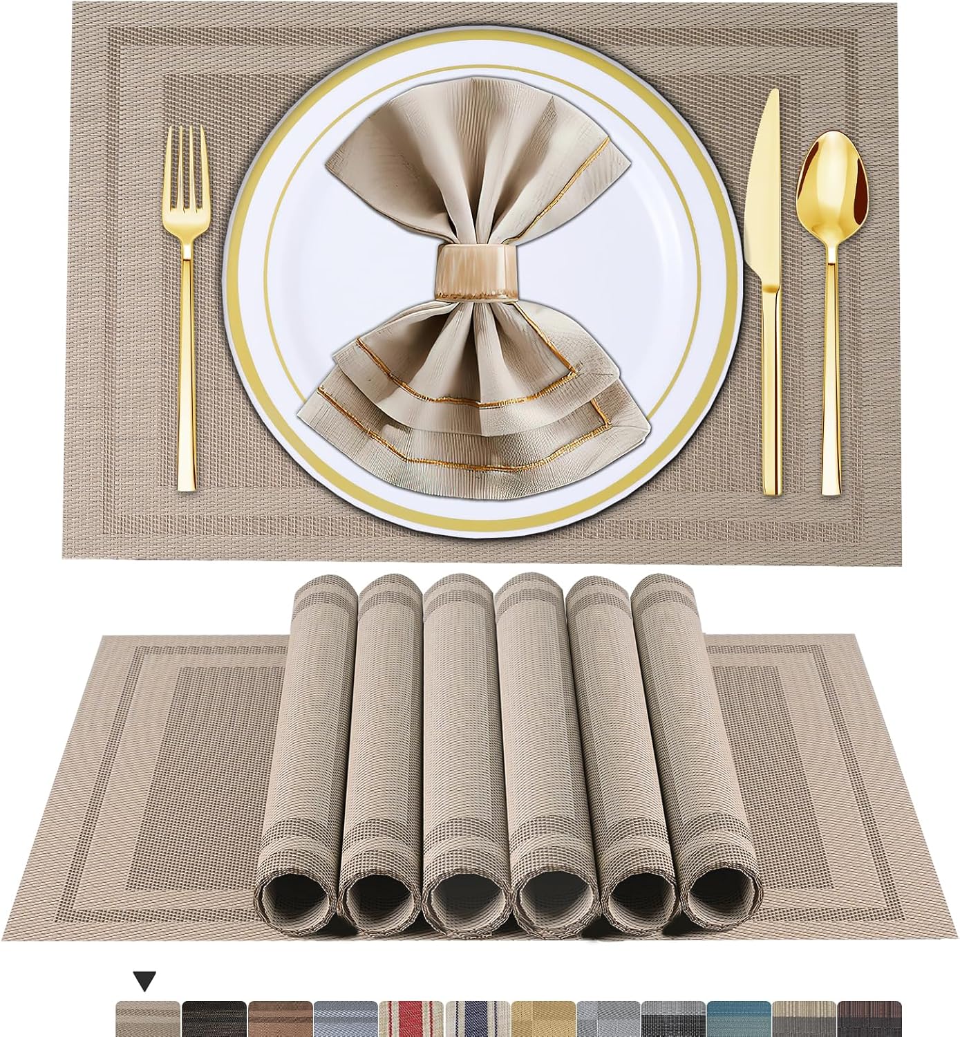 ARTAND Placemats Set of 6, Beige Woven Vinyl Placemats, Washable & Durable Table Mats, Indoor/Outdoor Use Place Mats