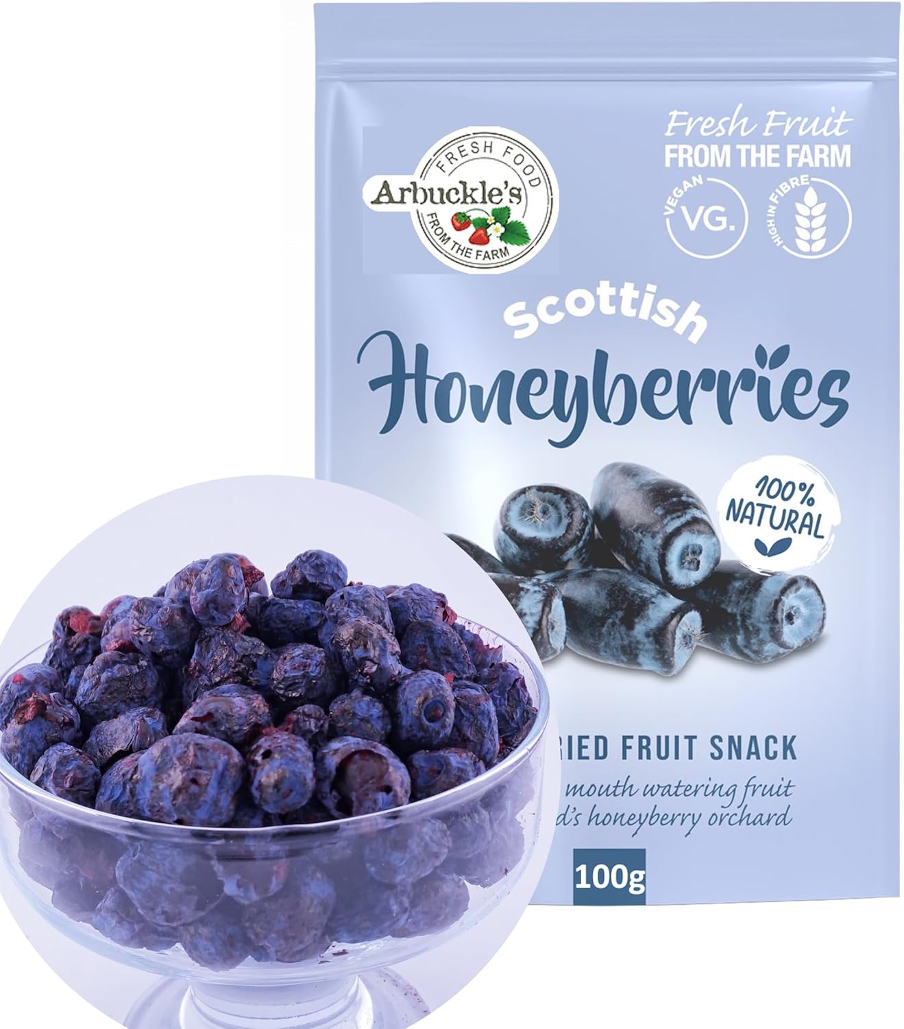 Arbuckle's Freeze Dried Honeyberry Whole Fruit Snack 100g Nutritious and Healthy Honeyberries Direct from Farm Shop, Natural, for Baking, Breakfast Cereal Topper, Yogurt, Cake Decorations