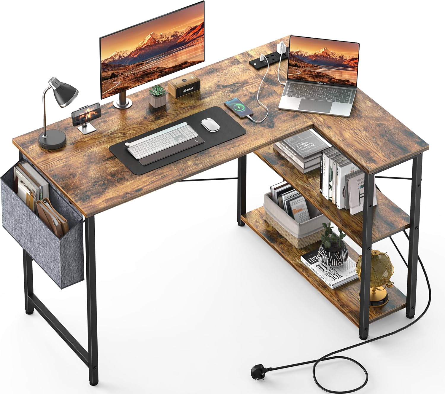 L Shaped Computer Desk with Power Outlet, 118CM Corner Office Desk for Small Spaces with Storage Shelves, Study Work Writing Table for Home Office Bedroom, Rustic Brown