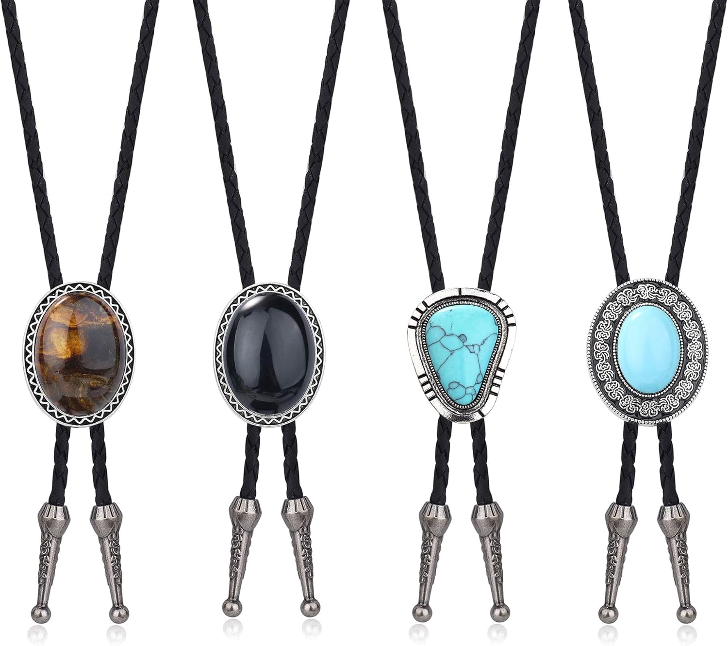 Besteel 4Pcs Bolo Tie for Men Western Cowboy Natural Tiger Eye Leather Necktie Halloween Costume Accessories for Men Women