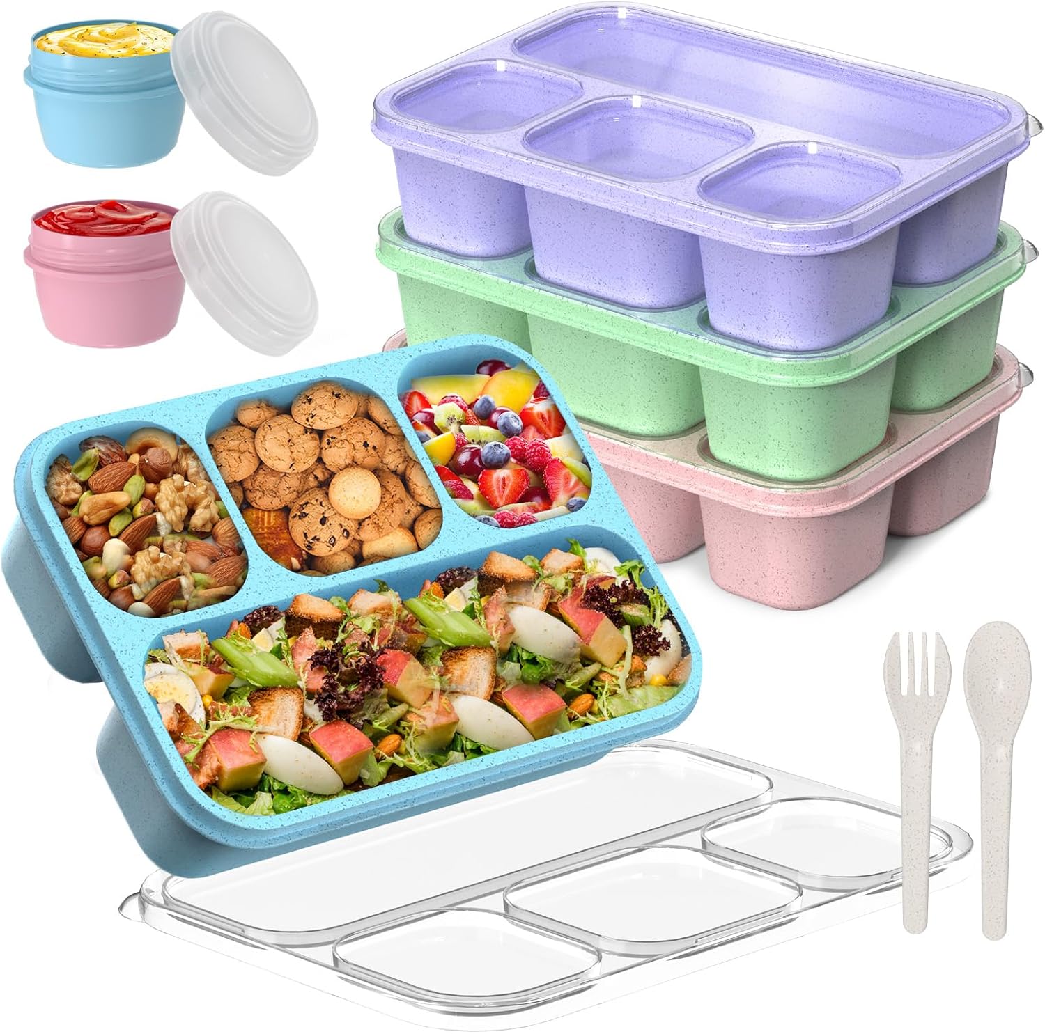Snackle Box Container, 4-Compartment Bento Lunch Box for Kids Women Men Adults, 44Oz/1300ML Meal Prep Boxes Reusable with 2 Sauce Containers & Utensils, 4 Pack (Wheat)