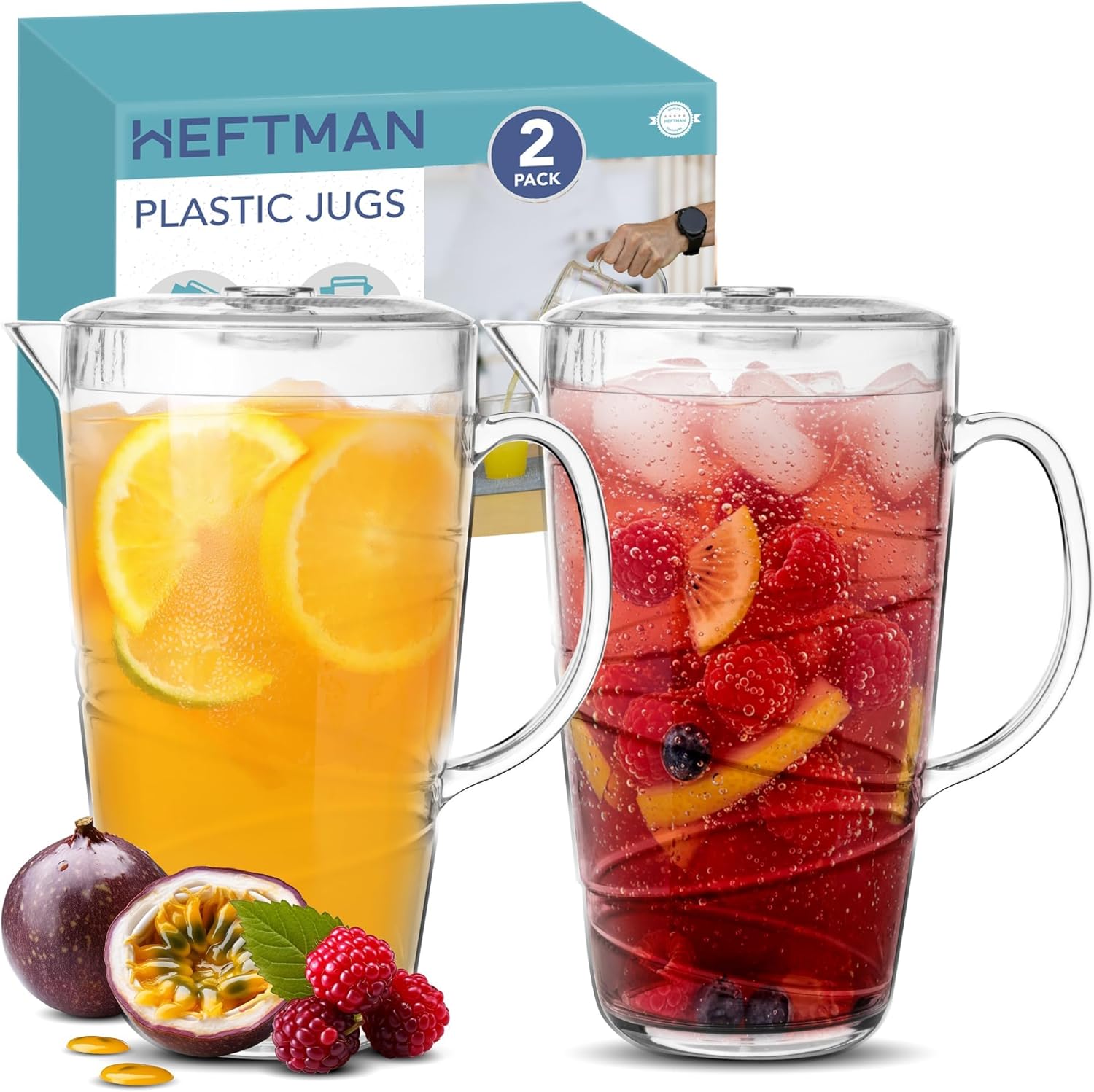 HEFTMAN Clear Plastic Jugs 2 Litre - 2 Pack Plastic Jug with Lid & Vented Spout - Ideal for Cocktails, BBQ's, Parties, Camping & Everyday Indoor/Outdoor Use - Water Jug with Lid - Pack of 2