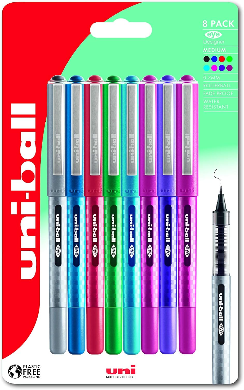uni-ball UB-157D Eye Designer Rollerball Pens. Premium Medium 0.7mm Ballpoint Tip for Super Smooth Handwriting. Fade and Water Resistant Liquid Uni Super Ink. Pack of 8 Assorted Colours