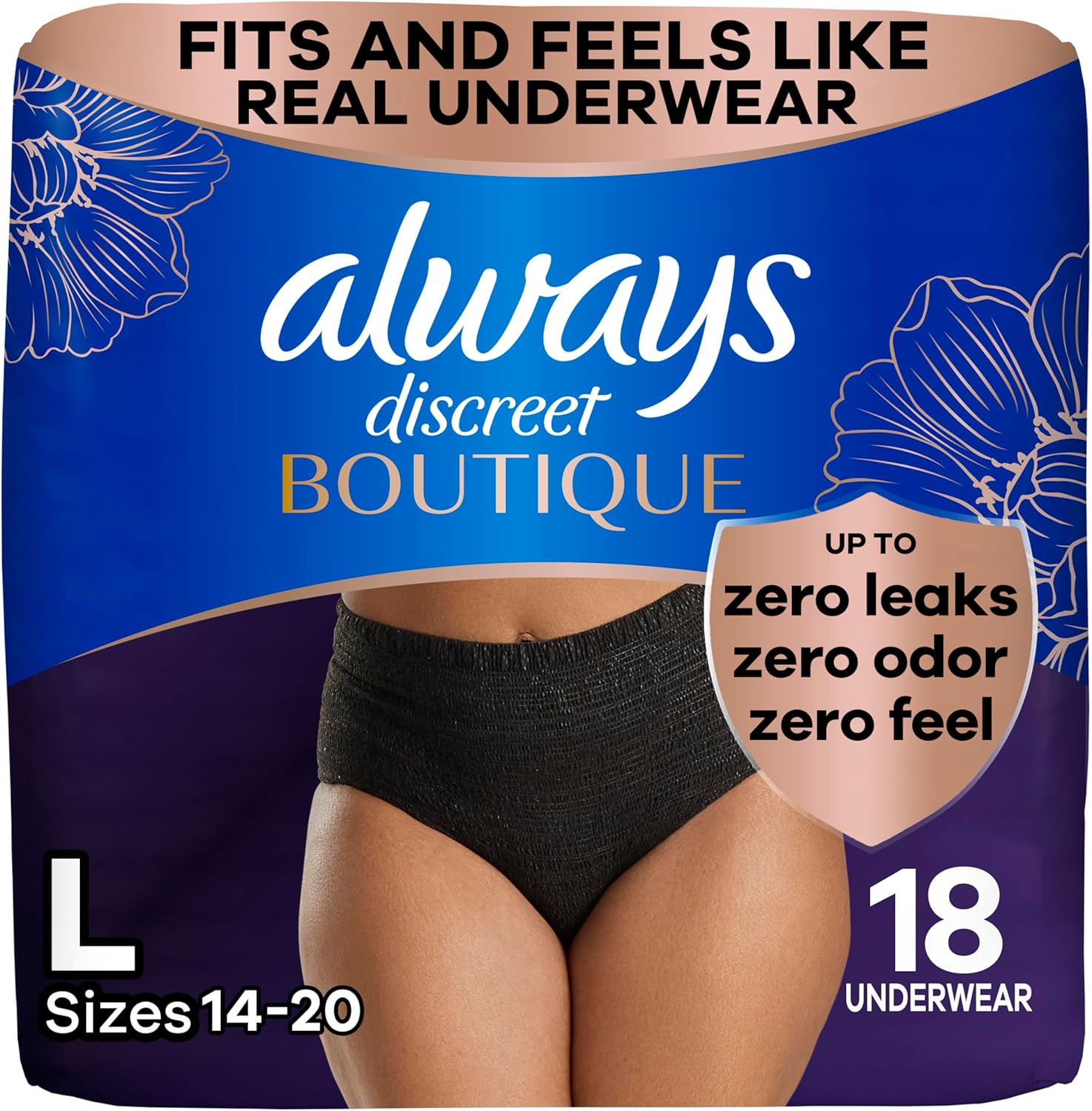 Always Discreet Boutique Incontinence and Postpartum Underwear for Women, Maximum Protection, Large, Black, 18 Count