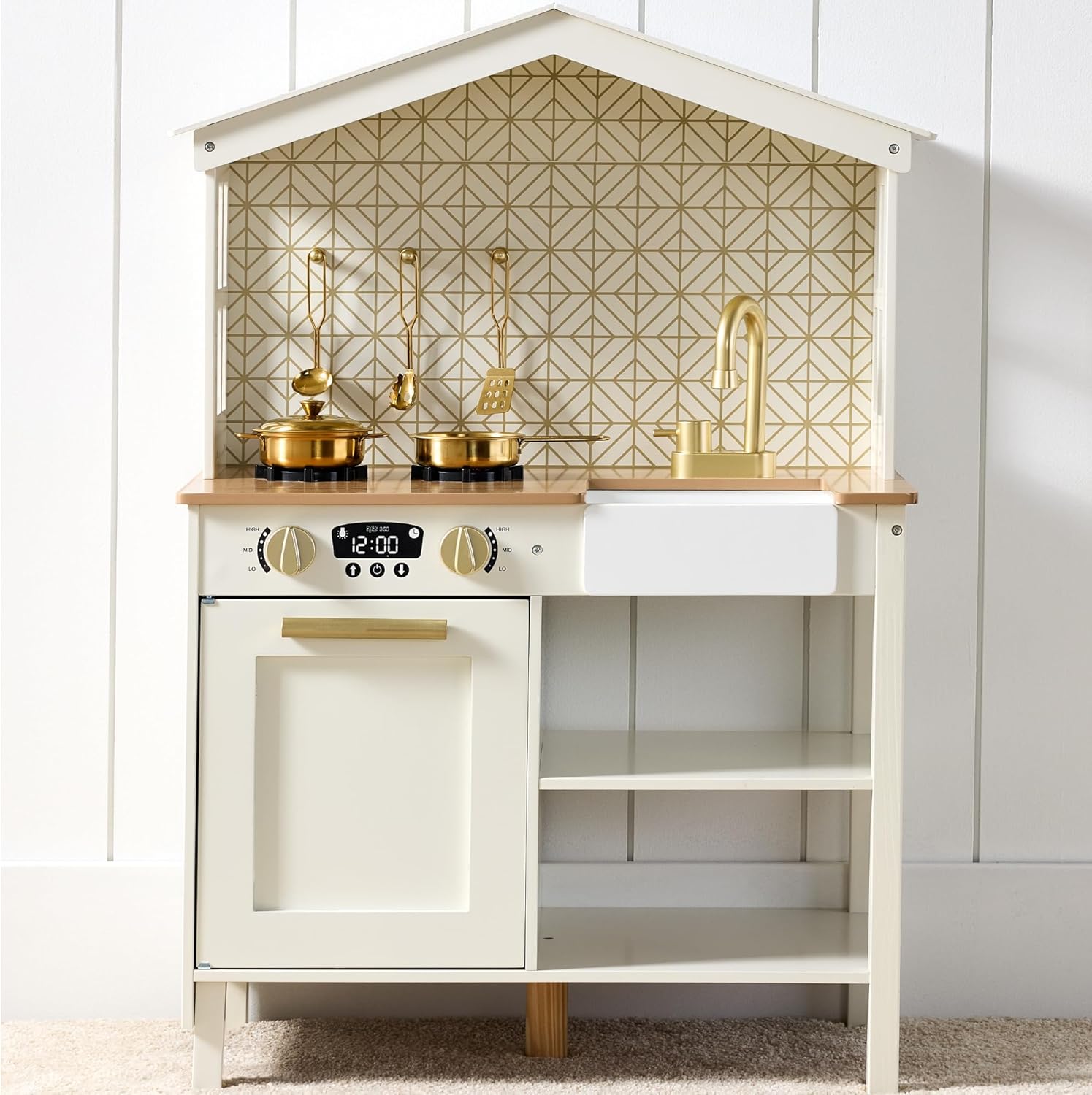 Best Choice Products Pretend Play Wooden Farmhouse Kitchen Set for Kids w/Toy Storage, Clicking Knobs, Windows, 5 Accessories Included - Cream