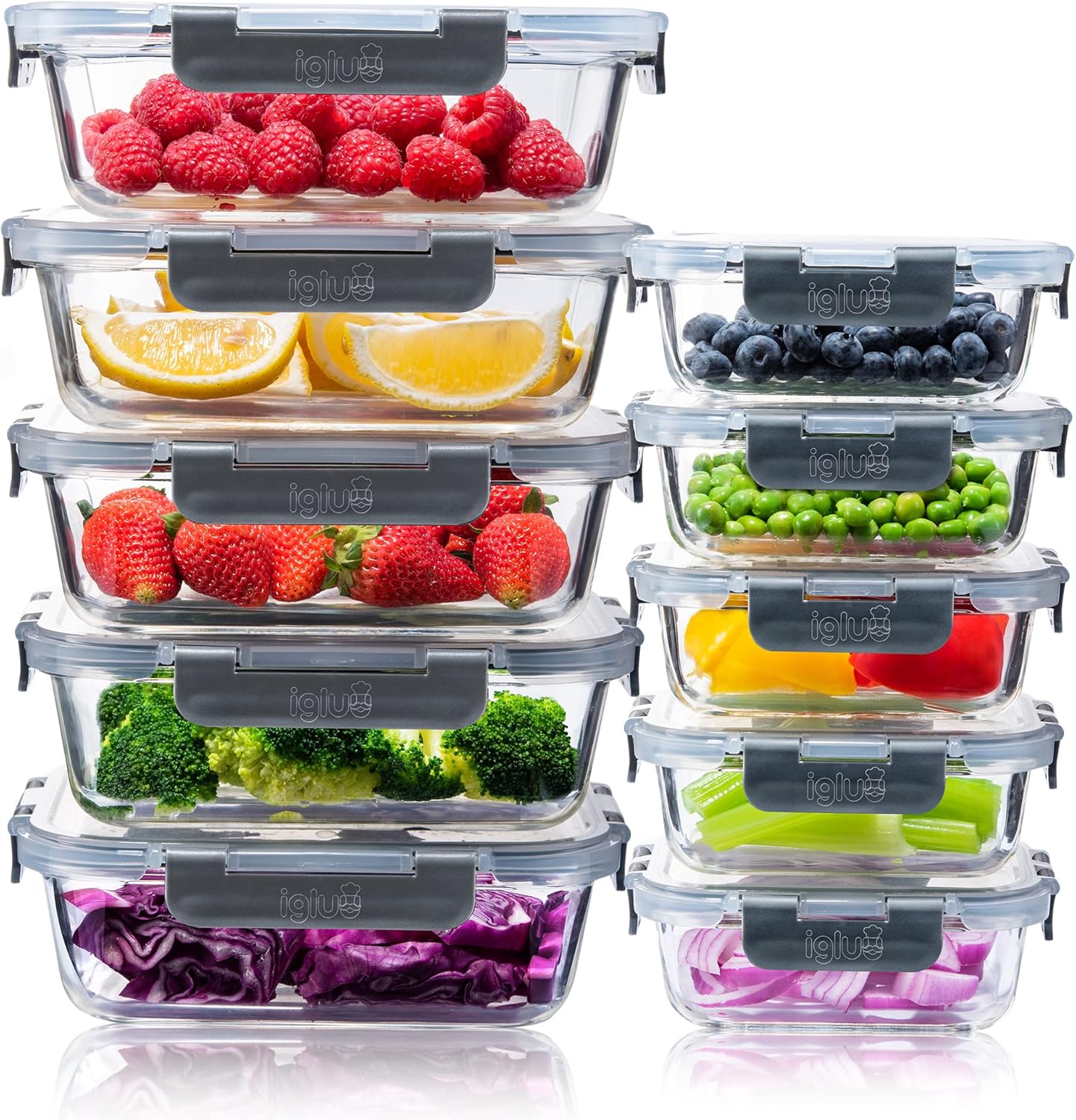 Igluu Meal Prep Glass Containers with Airtight Lids 10 Pack Rectangle 2 Sizes 1050ml and 370ml BPA-Free Meal Prep Containers Reusable – Borosilicate Glass, Oven Safe