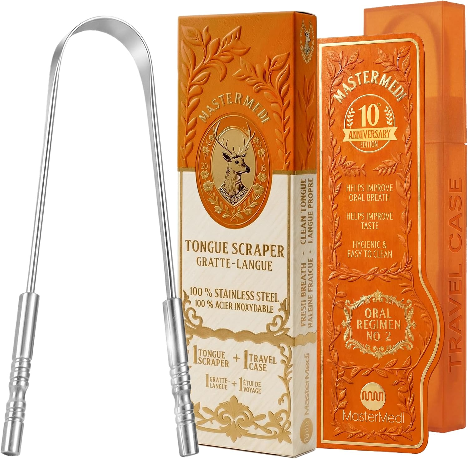MasterMedi Tongue Scraper with Travel Case 1 Pack, Bad Breath Treatment Tongue Scraper for Adults & Kids, Stainless Steel Metal Tongue Scraper, Easy to Use Tongue Cleaner for Hygiene and Self Care