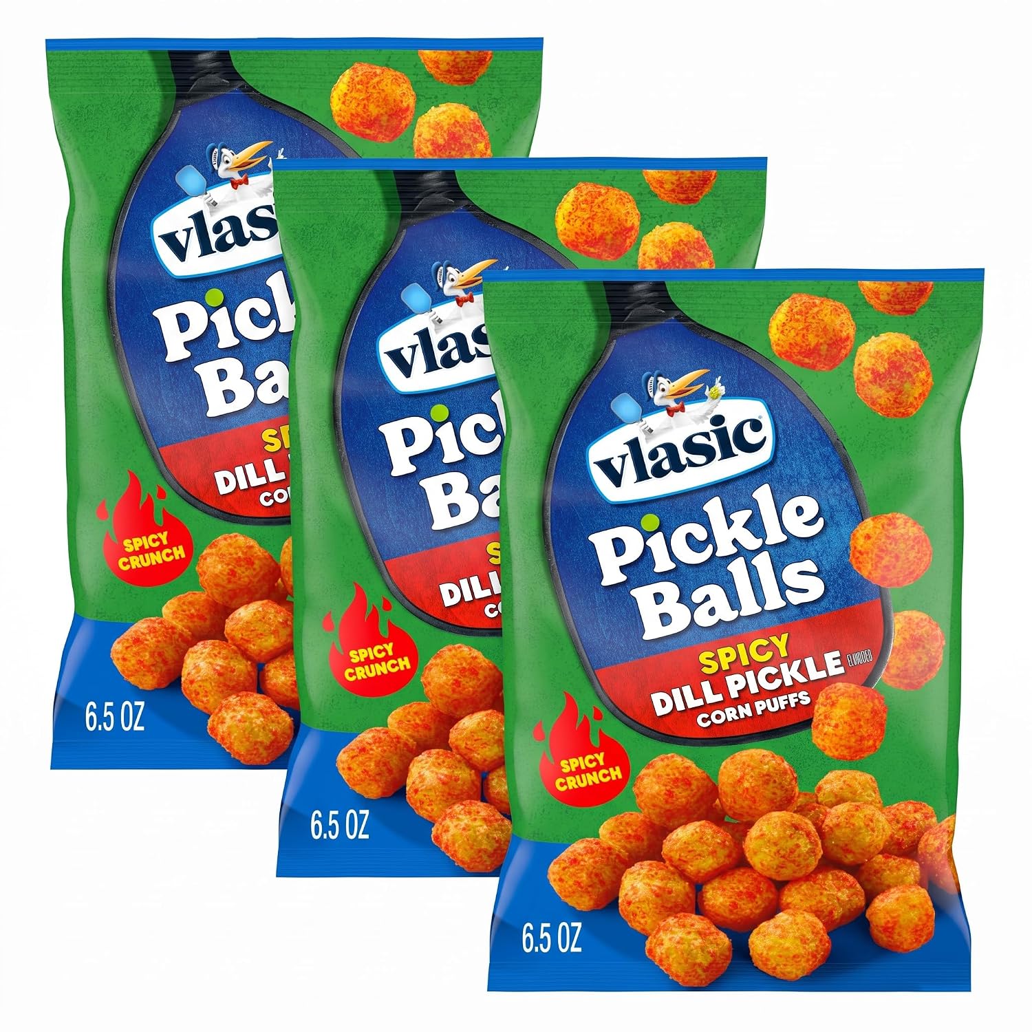 Vlasic Pickle Balls, Spicy Dill Pickle Flavored Corn Puffs, Pickleball Gifts, Funny Easter Gift for Pickle Fans, 6.5 oz. (Pack of 3)