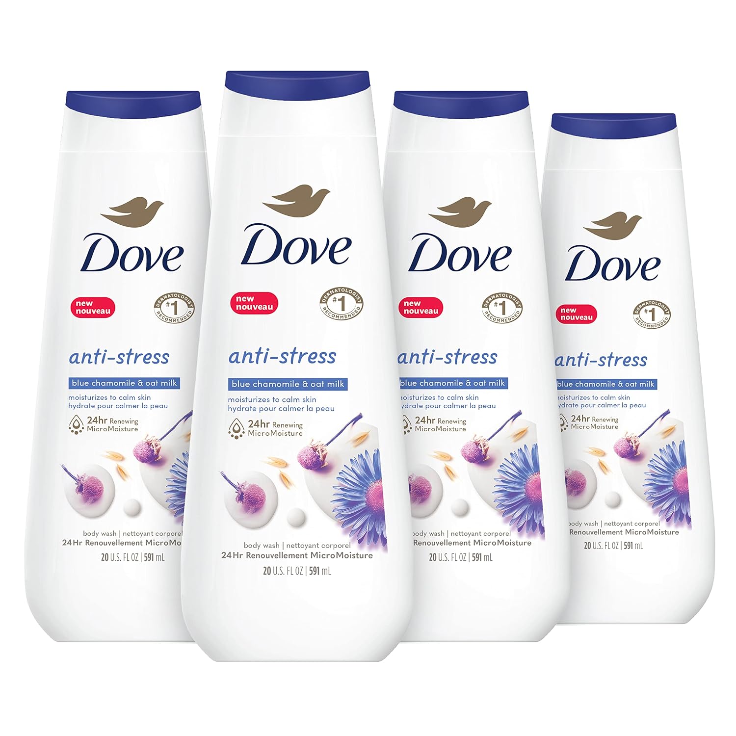 Dove Body Wash Anti-Stress Blue Chamomile & Oat Milk 4 Count for Renewed, Healthy-Looking Skin Moisturizing Gentle Skin Cleanser with 24hr Renewing MicroMoisture 20 oz