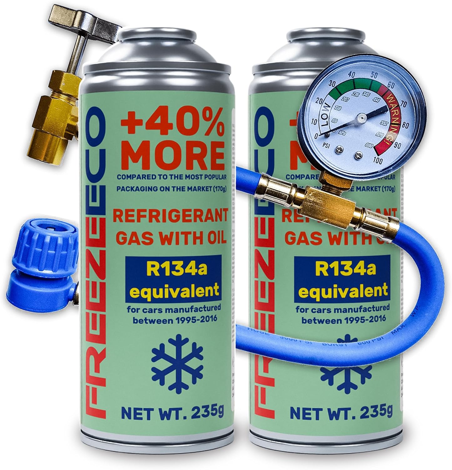 FreezeECO Set of 3: 2 x 2-in-1 Gas with Oil Refrigerant 235 g Type A + Pressure Gauge Hose 15/30 cm FE Type A [R134a/R12 Equivalent - Cars 1995-2016] Type A (11.5 mm) 470 g