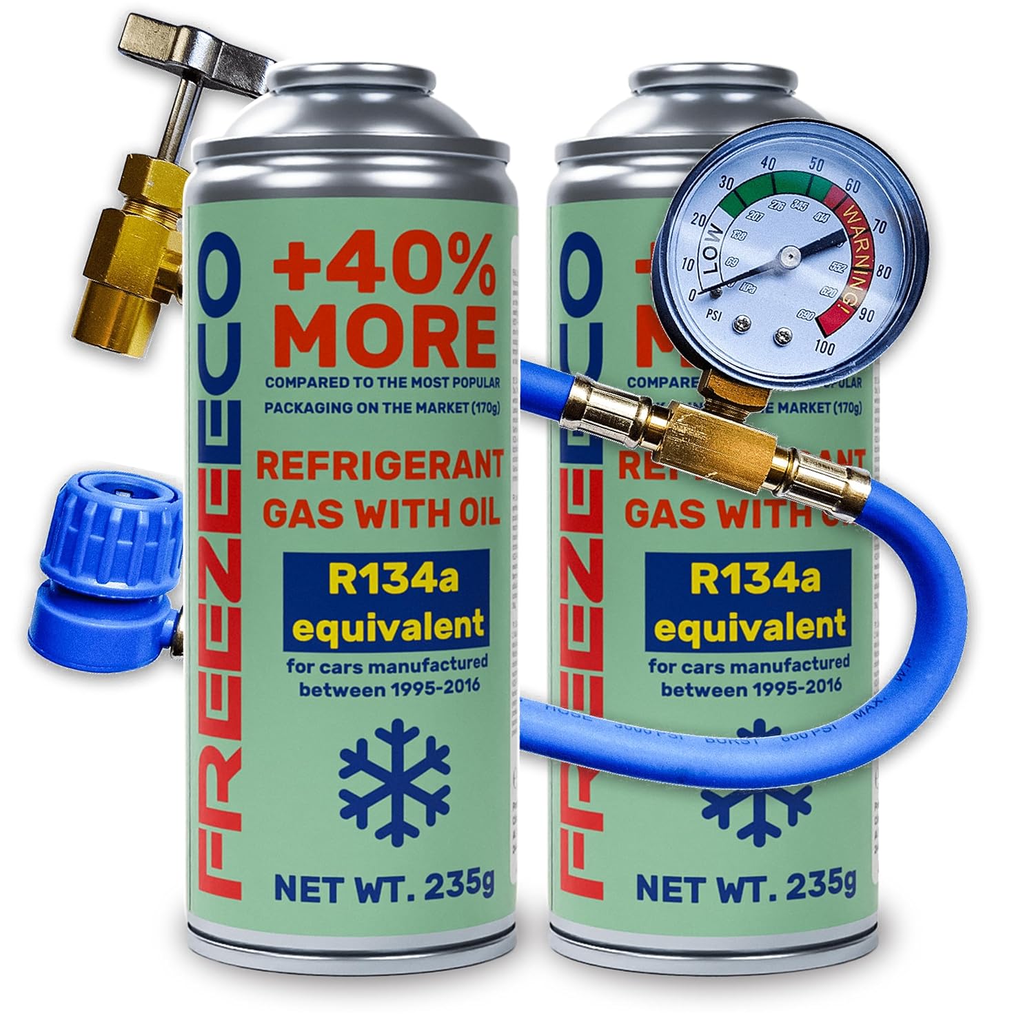 Set of 3: 2 x 2-in-1 Gas with Oil Refrigerant 235 g Type A + Pressure Gauge Hose 15/30 cm FE Type A [R134a/R12 Equivalent - Cars 1995-2016] Type A (11.5 mm) 470 g