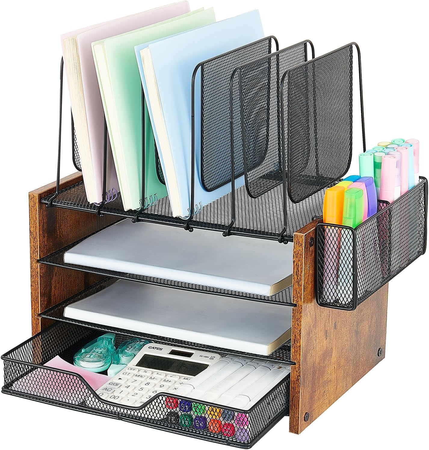 Wood Desk Organizers and Accessories with Drawer, 3-Tier Desk Accessories & Workspace Organizers,Paper Organizer with 5 Vertical File Organizer & Pen Holder for Office Supplies