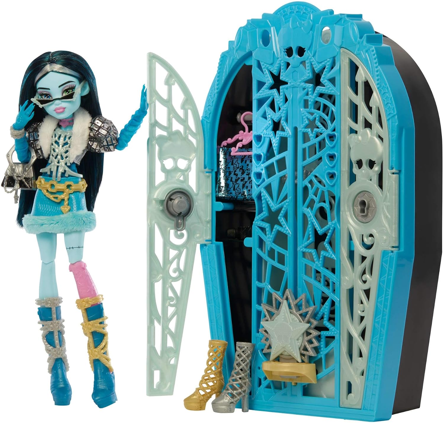 Monster High Skulltimate Secrets Doll and Accessories Set, Hauntlywood Mysteries Frankie Stein with Reveal Closet & 19+ Glam Surprises like Doll Clothes, JBG81