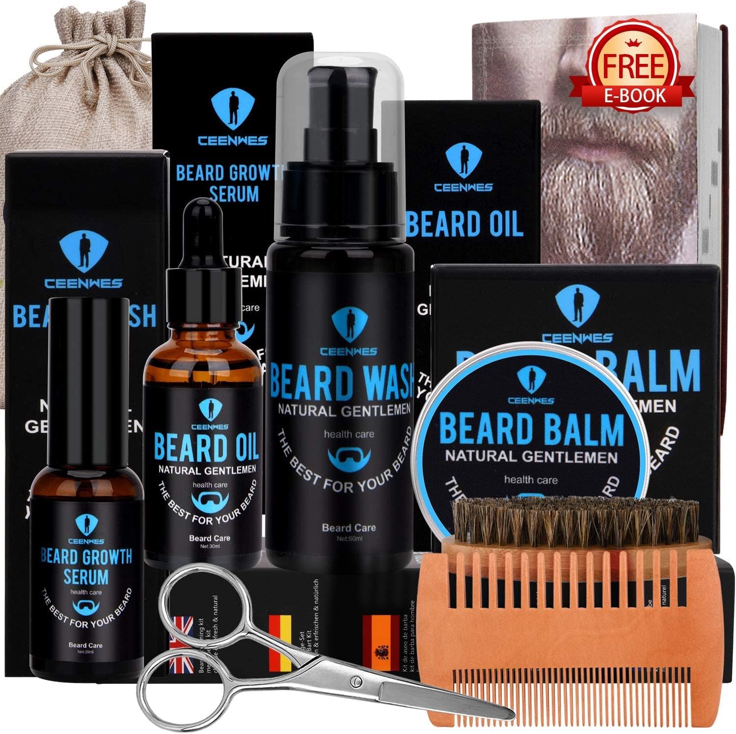 Beard Growth Kit with Oil, Serum, Wash, Balm, Brush, Comb & Scissors - Unique Gifts for Men