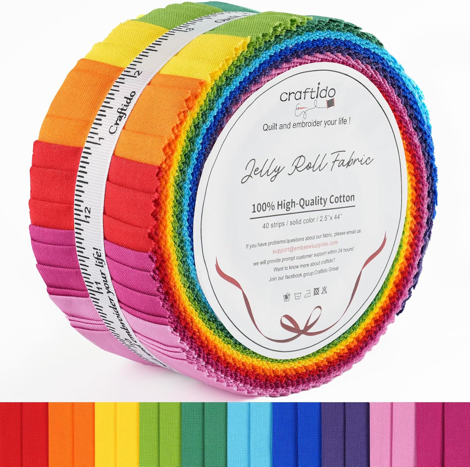 Craftido-20 Options-100% Cotton Jelly Roll Fabric Precut Strips for Quilting, Crafting, and Sewing, 40 Strips 2.5" x44" Assorted Bundles for Rug, Quilt Project, DIY Craft and Home Decor-RAINBOW COLORS
