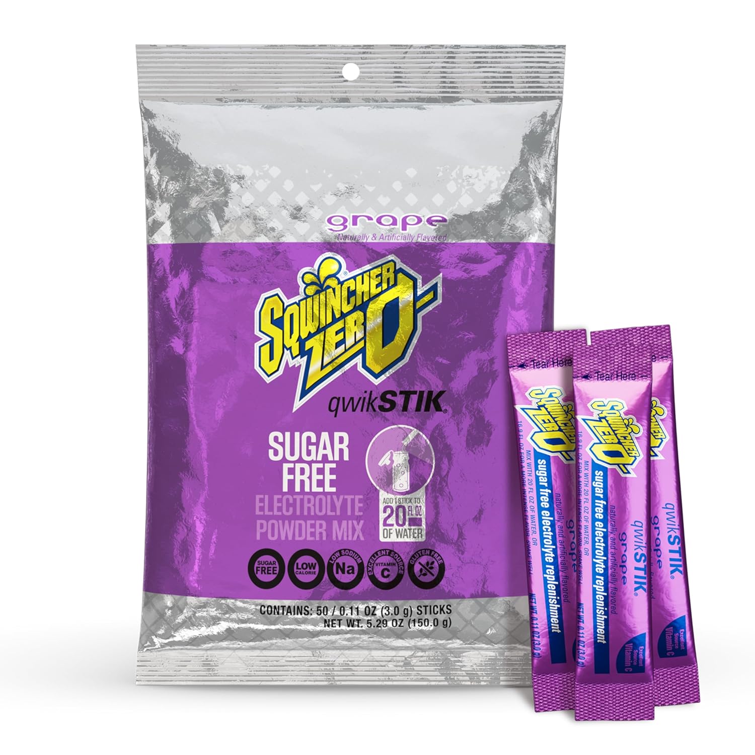 Sqwincher Zero Qwik Stik, Sugar Free, Low Calorie, Low Sodium Electrolyte Replacement Powder Hydration Drink Mix, Grape, 0.11 oz Packet (Pack of 50)
