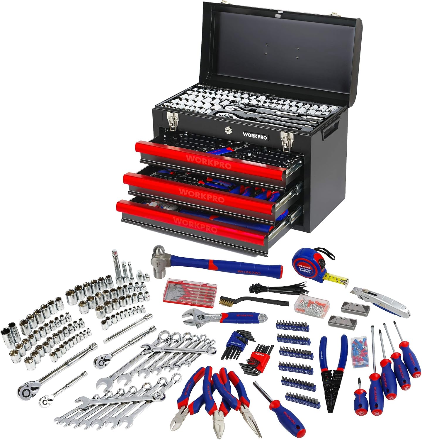WORKPRO 408-Piece Mechanics Tool Set, General Household Home Repair Tool Kit with 3-Drawer Heavy Duty Metal Box, Hand Tool Kit Set 1 Pack