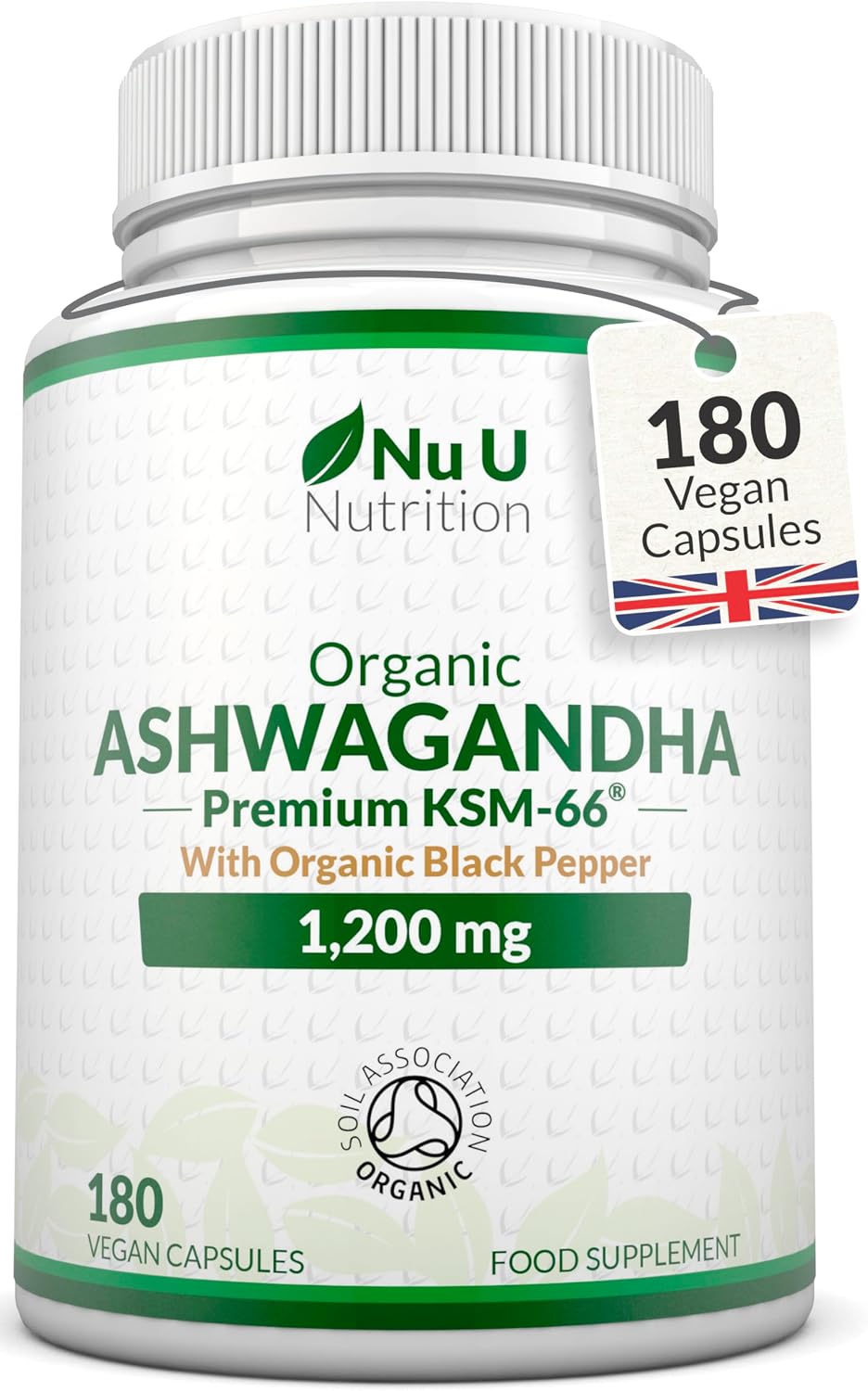 Organic Ashwagandha KSM-66® 1200mg - 5% Withanolides - 180 Vegan Capsules - High Strength Ashwaganda with Black Pepper - Soil Association Certified - Made in the UK - Nu U Nutrition